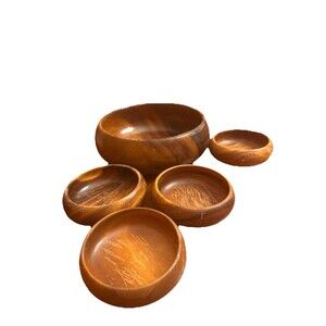 Vintage Hawaiian Monkey Pod Wood Salad Bowl Set Blair Hawaii 5 Pieces